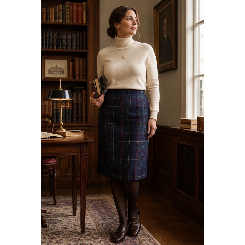 Vintage Argenti 100% Silk Plaid Pencil Skirt Preppy Dark Academia L